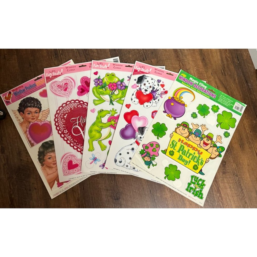 Vintage Classic  Clings  Lot of 4Valentines Day Window Cling  1 St Patrick’s Day